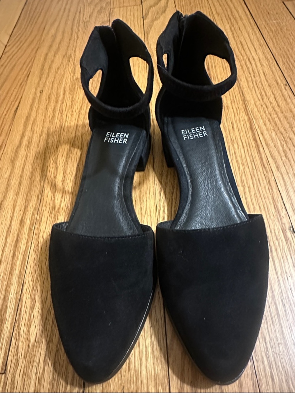 Eileen Fisher Black Suede Pointed-Toe Ankle-Strap Flats